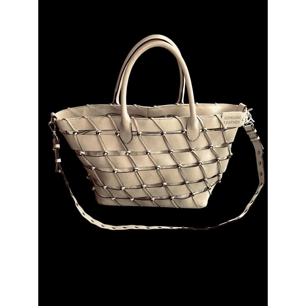 Unbranded Basket Weave Ivory Cream Genuine Leather Shoulder Satchel Handbag EUC